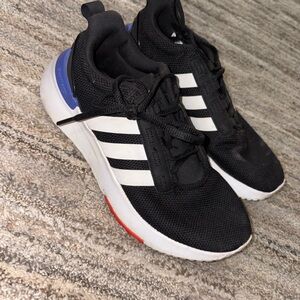 Adidas Black Mesh Sneakers with White Stripes and Blue Heel